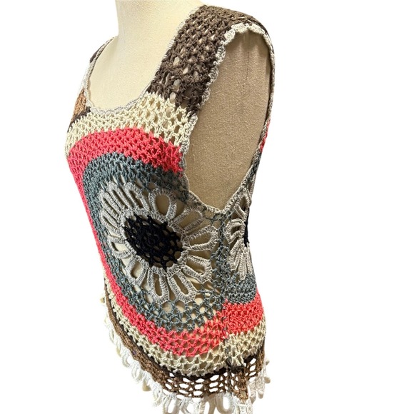 Poise L Crochet Mandala Granny Tank Top Boho Open Knit Beach Festival Dance Y2K - Picture 4 of 9